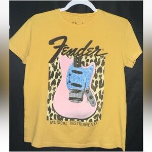 Fender Yellow Tee with leopard Guitar Graphic top